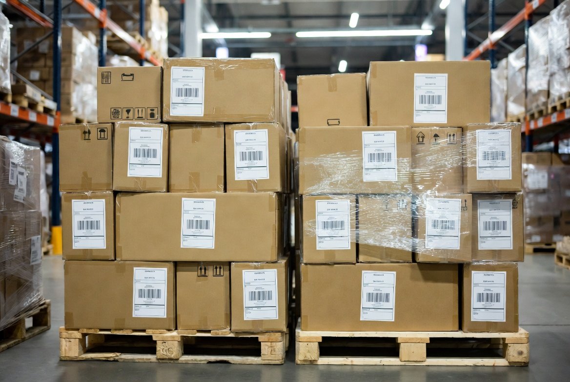 Cartons packed and labelled for despatch in a warehouse
